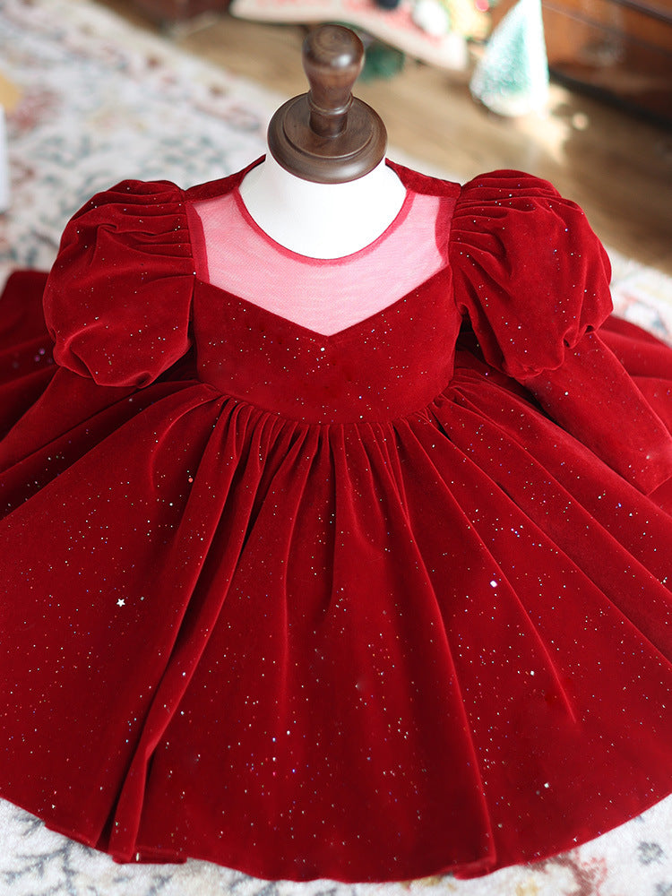 Burgundy velvet girls party dress with long puff sleeves, sheer yoke and pearl heart back bow, designed for Christmas and holiday parties, view 4