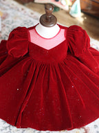 Burgundy velvet girls party dress with long puff sleeves, sheer yoke and pearl heart back bow, designed for Christmas and holiday parties, view 4