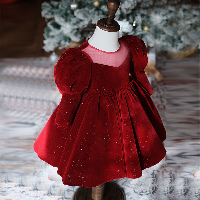 Burgundy velvet girls party dress with long puff sleeves, sheer yoke and pearl heart back bow, designed for Christmas and holiday parties, view 7