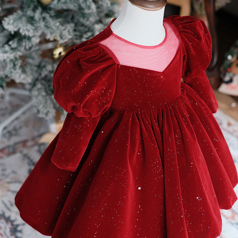 Burgundy velvet girls party dress with long puff sleeves, sheer yoke and pearl heart back bow, designed for Christmas and holiday parties, view 8