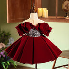 Burgundy velvet girls christmas dress styled on a dress form in a warm interior, back view of the full pleated skirt, view 2.