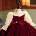 Burgundy velvet girls dress with champagne lace puff sleeves, pearl-center bow and full knee-length skirt, designed for Christmas and holiday parties, view 4