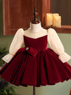 Burgundy velvet girls dress with champagne lace puff sleeves, pearl-center bow and full knee-length skirt, designed for Christmas and holiday parties, view 7