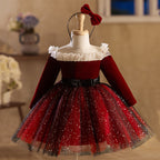 Burgundy velvet girls party dress with a pearl-trimmed ruffle collar and black bow sash, designed for birthdays and recitals.