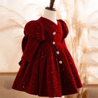 Burgundy velvet girls holiday dress styled against dried pampas grass, three-quarter view, for Christmas and family photos.