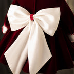 Close-up of the ivory satin bow with its beaded centre on the back of the velvet dress.