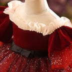 Burgundy velvet girls dress with pearl-trimmed ruffle collar, ruffle sleeves, black bow sash and sparkle tulle skirt, designed for Christmas and holiday parties, view 3