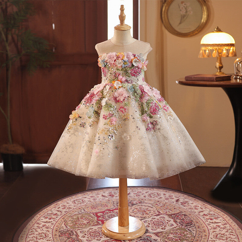 Champagne 3D floral tulle princess dress for girls with a full ball gown skirt, styled front view, for birthday girls dresses and recitals.