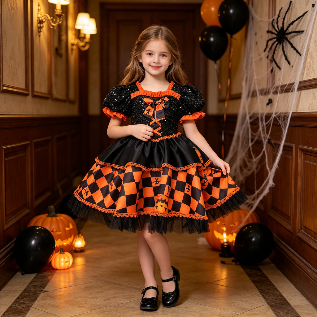 Black and orange girls dress with a sequin puff-sleeve bodice and checkered satin skirt, designed for Halloween parties.