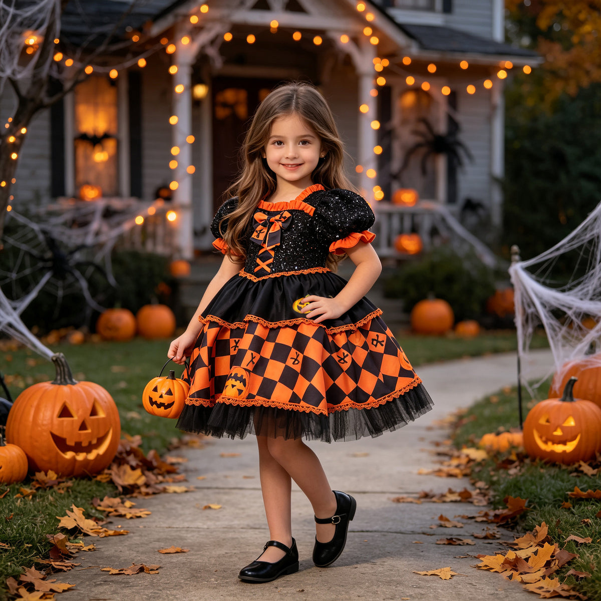 Black and orange girls dress with a sequin puff-sleeve bodice and checkered satin skirt, designed for Halloween parties, view 2