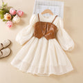 Cream & Brown chiffon girls two-piece dress set with faux leather bustier vest and long puff sleeves, designed for birthday parties.