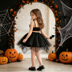 Black tulle girls two-piece set with a ruched crop top and layered tutu skirt, designed for Halloween parties, view 3