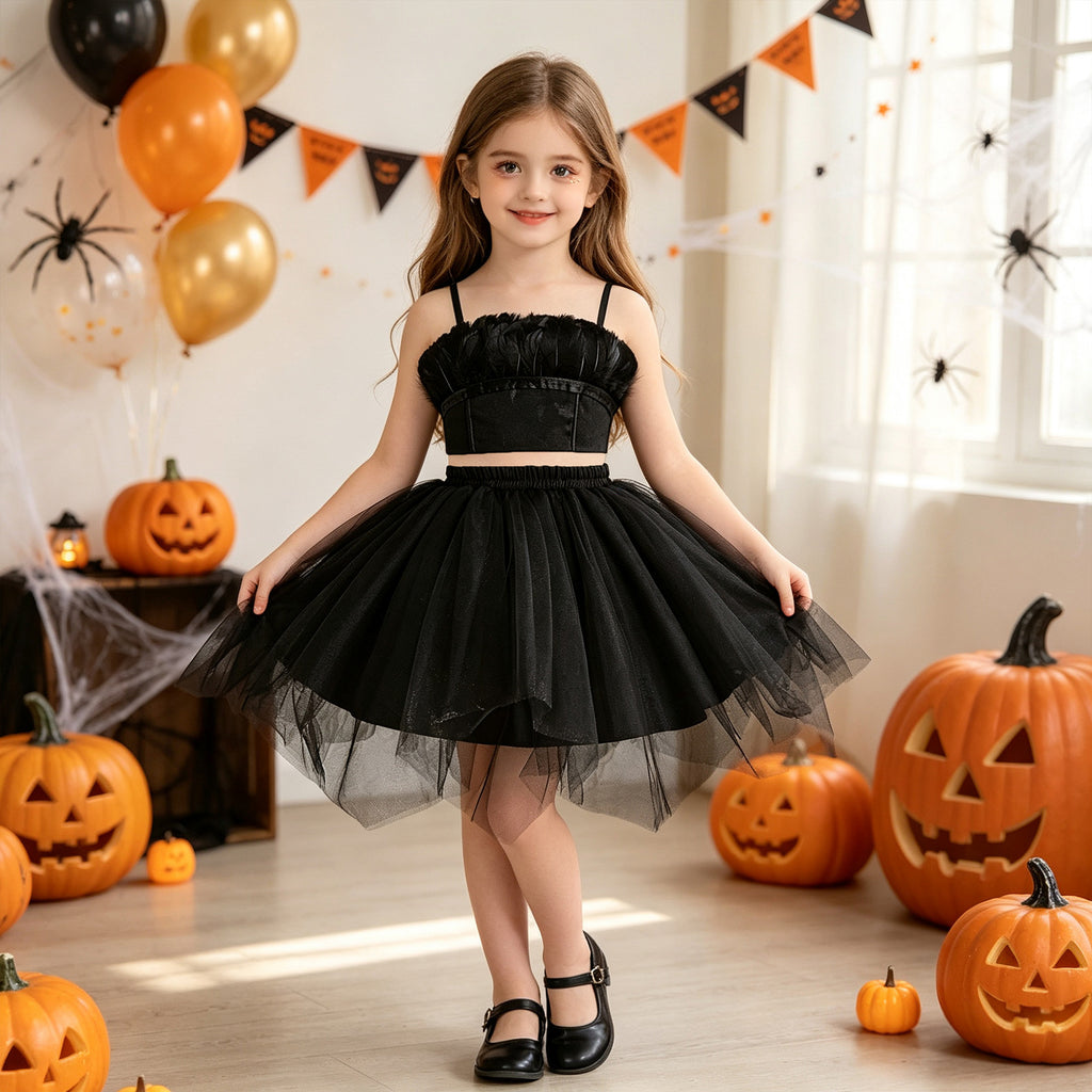 Black tulle girls two-piece set with a ruched crop top and layered tutu skirt, designed for Halloween parties.