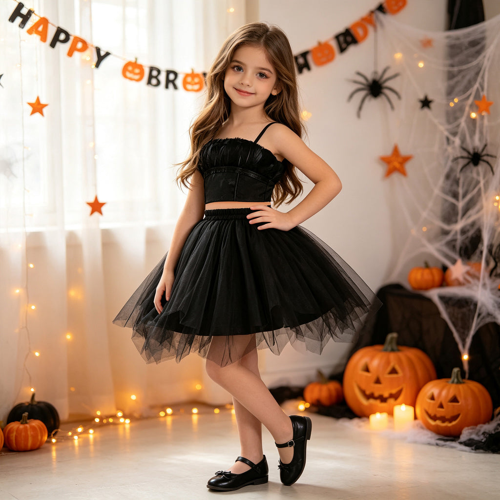 Black tulle girls two-piece set with a ruched crop top and layered tutu skirt, designed for Halloween parties, view 2