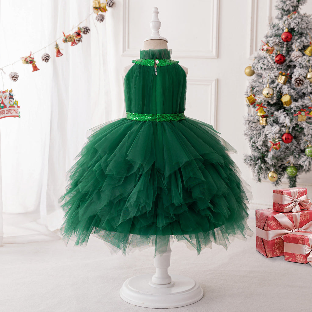 Back view of dark green tulle girls dress with back zipper and sequin waistband, designed for Christmas parties.