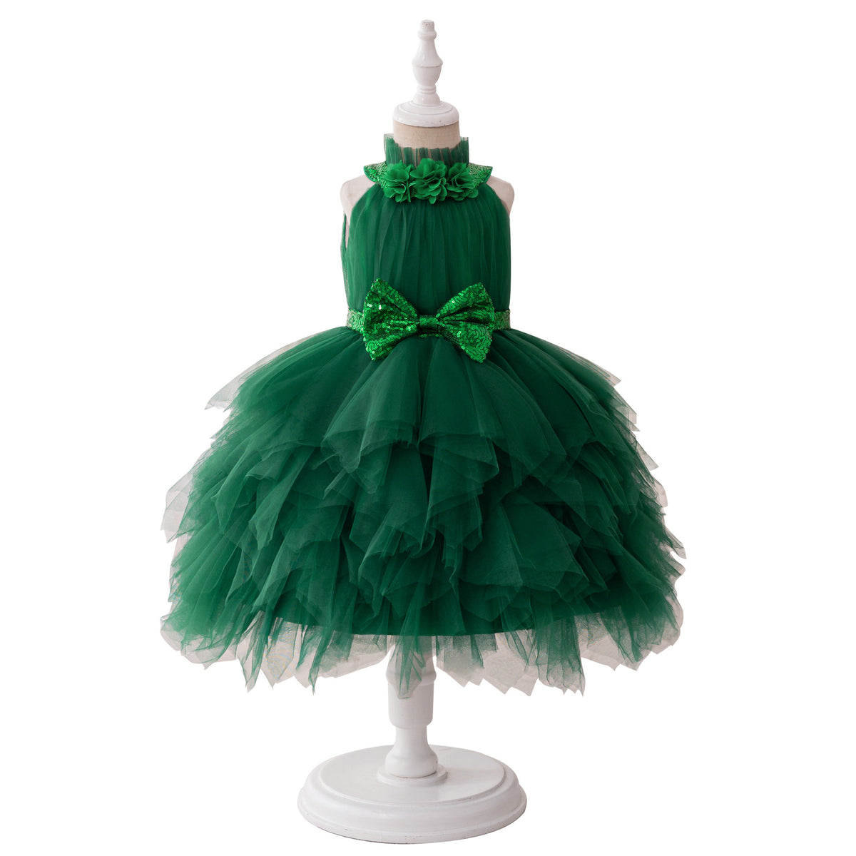 Dark green tulle girls dress with halter neck, sequin bow and tiered tutu skirt, designed for Christmas and birthday parties.