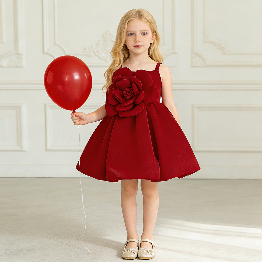 Deep red sleeveless girls dress with 3D rose appliqué and knee-length bubble skirt, designed for Christmas and holiday photos.