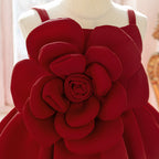 Close-up of the oversized 3D rose appliqué on the deep red girls dress bodice.