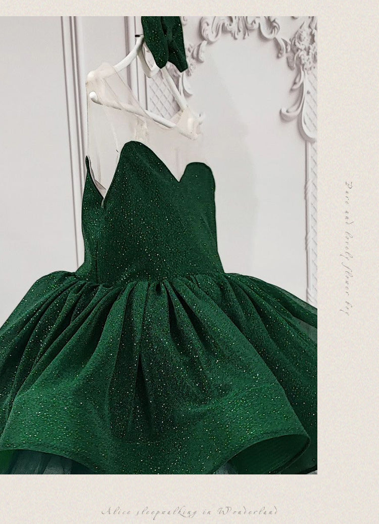 Emerald Green glitter tulle girls princess dress with sweetheart bodice, sheer illusion back and puffy tutu skirt, designed for birthdays and holiday parties, view 11