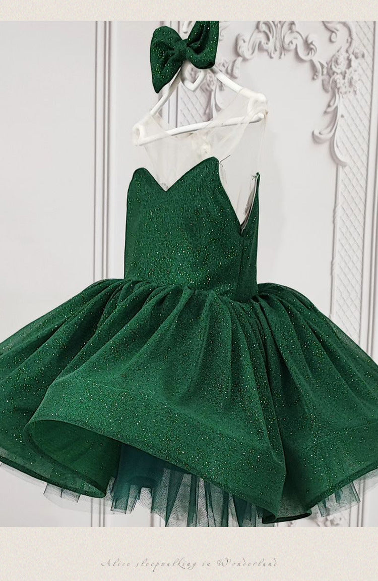 Emerald Green glitter tulle girls princess dress with sweetheart bodice, sheer illusion back and puffy tutu skirt, designed for birthdays and holiday parties, view 12