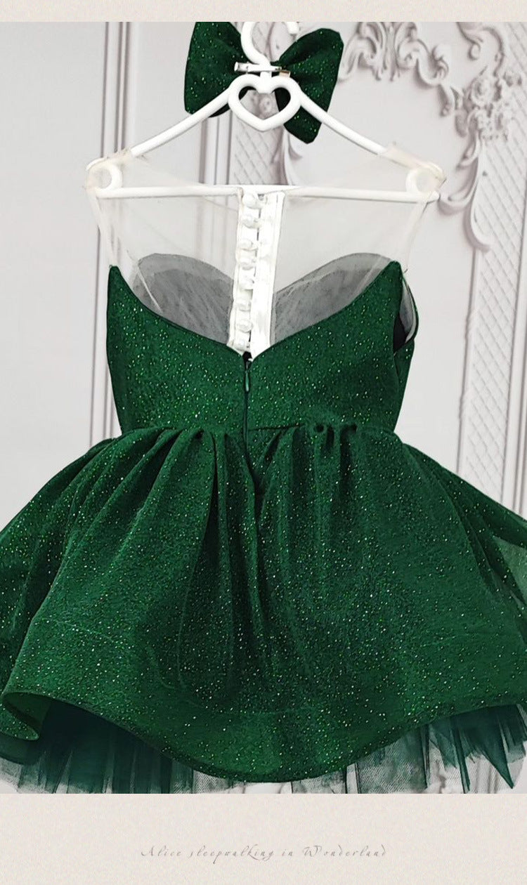 Emerald Green glitter tulle girls princess dress with sweetheart bodice, sheer illusion back and puffy tutu skirt, designed for birthdays and holiday parties, view 13