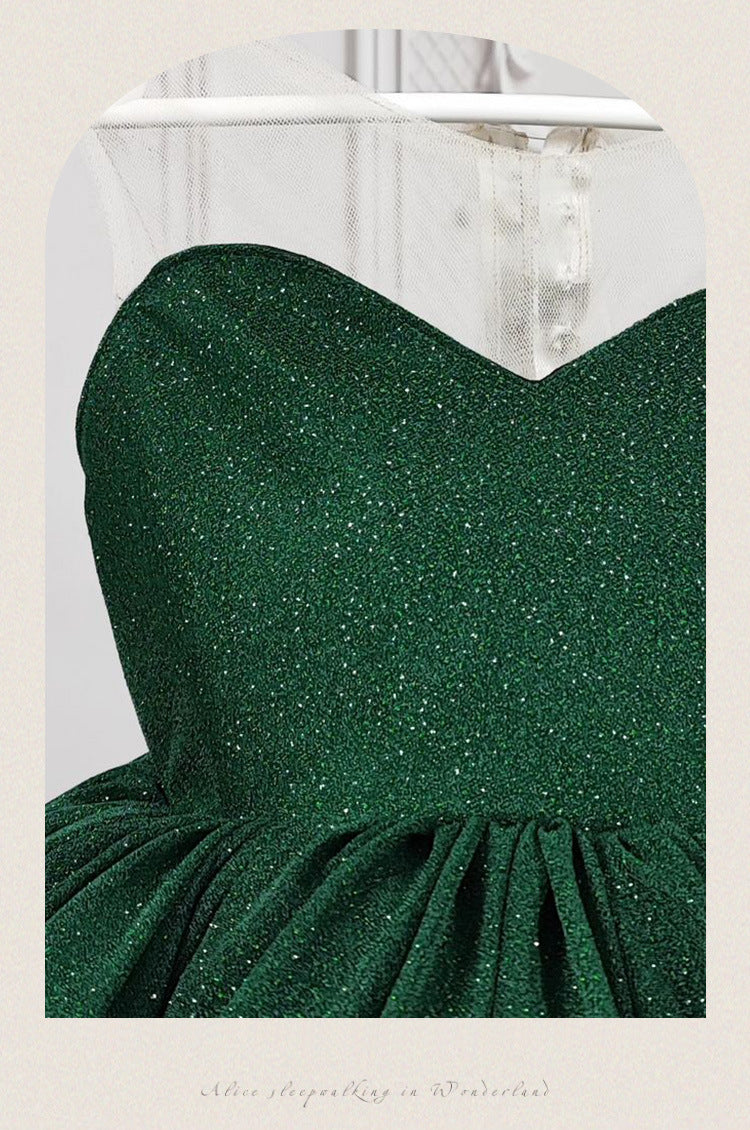Emerald Green glitter tulle girls princess dress with sweetheart bodice, sheer illusion back and puffy tutu skirt, designed for birthdays and holiday parties, view 14