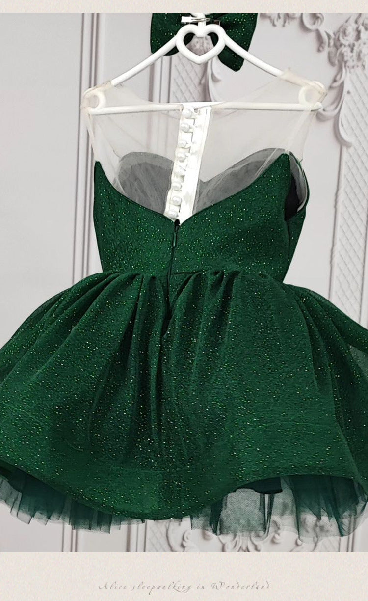Emerald Green glitter tulle girls princess dress with sweetheart bodice, sheer illusion back and puffy tutu skirt, designed for birthdays and holiday parties, view 15
