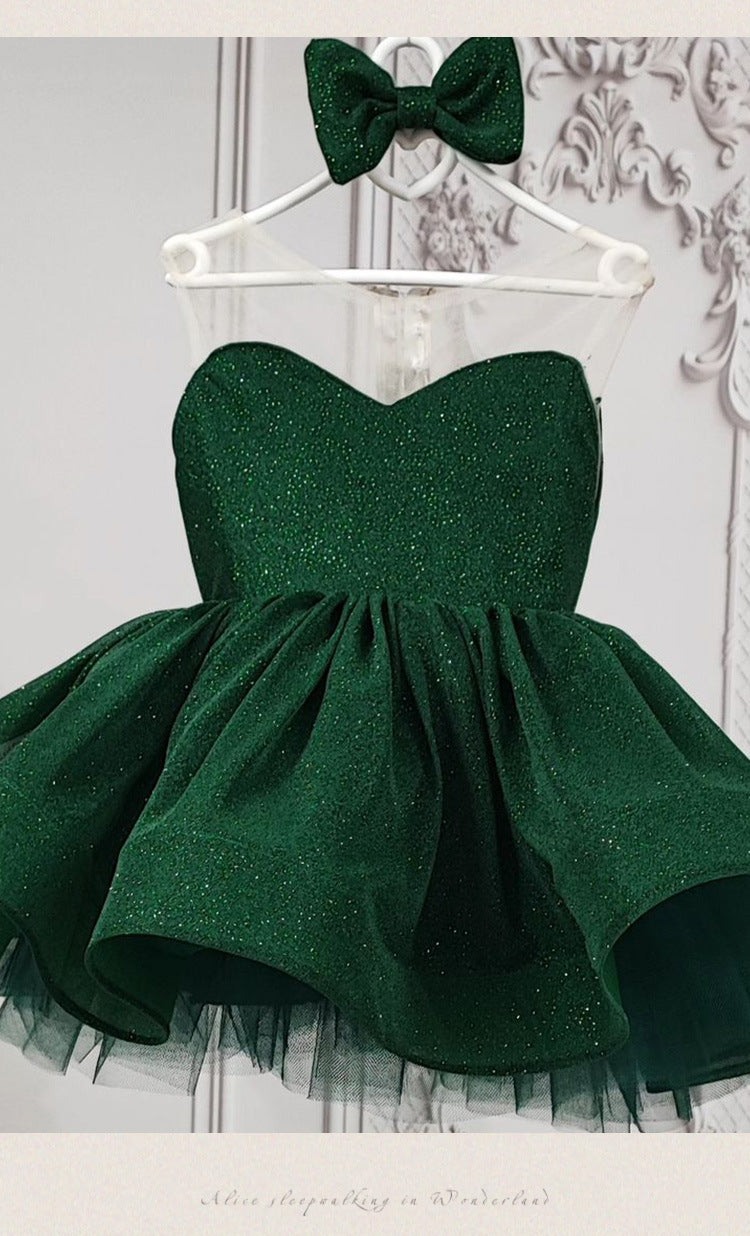 Emerald Green glitter tulle girls princess dress with sweetheart bodice, sheer illusion back and puffy tutu skirt, designed for birthdays and holiday parties, view 16
