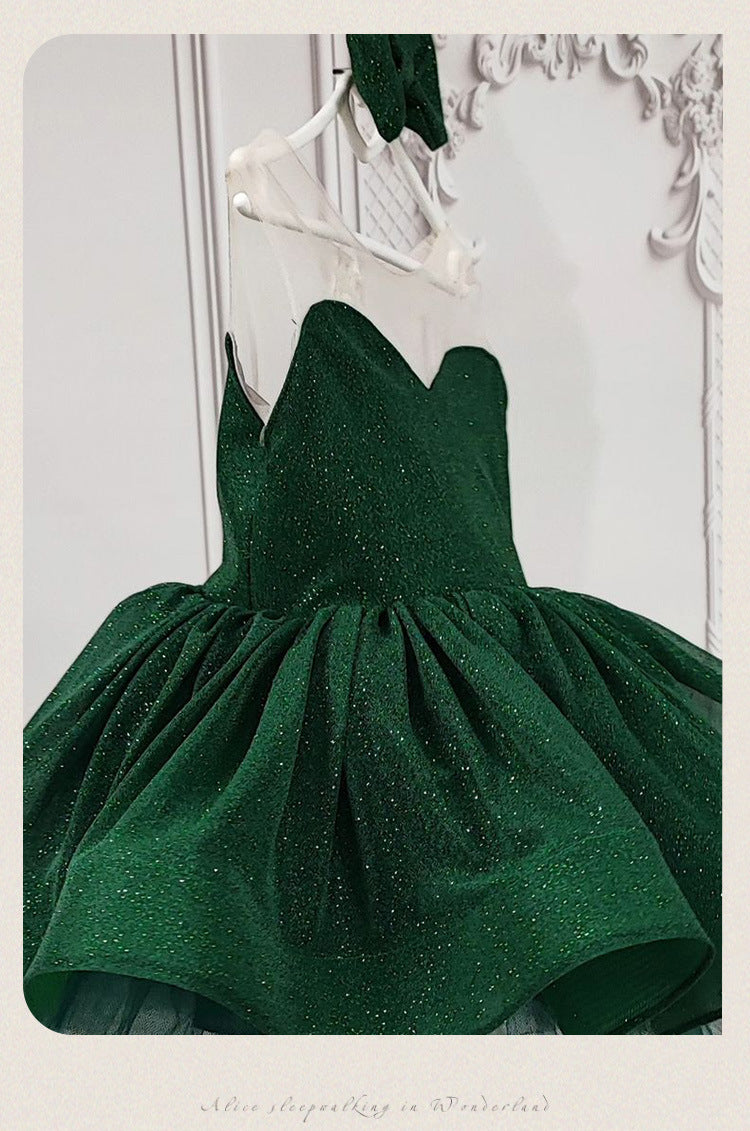 Emerald Green glitter tulle girls princess dress with sweetheart bodice, sheer illusion back and puffy tutu skirt, designed for birthdays and holiday parties, view 17