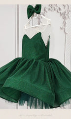 Emerald Green glitter tulle girls princess dress with sweetheart bodice, sheer illusion back and puffy tutu skirt, designed for birthdays and holiday parties, view 18