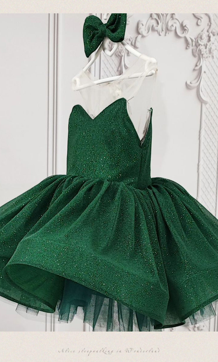 Emerald Green glitter tulle girls princess dress with sweetheart bodice, sheer illusion back and puffy tutu skirt, designed for birthdays and holiday parties, view 18