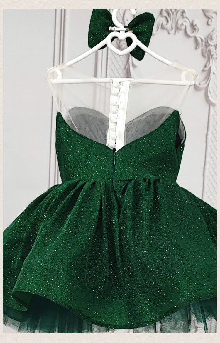 Emerald Green glitter tulle girls princess dress with sweetheart bodice, sheer illusion back and puffy tutu skirt, designed for birthdays and holiday parties, view 19