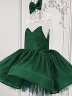 Emerald Green glitter tulle girls princess dress with sweetheart bodice, sheer illusion back and puffy tutu skirt, designed for birthdays and holiday parties, view 2