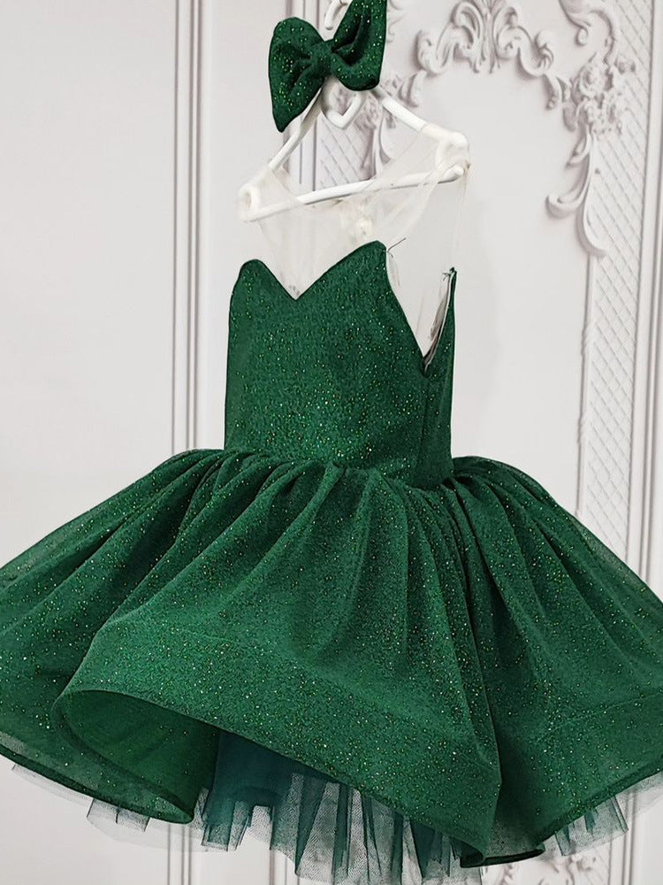 Emerald Green glitter tulle girls princess dress with sweetheart bodice, sheer illusion back and puffy tutu skirt, designed for birthdays and holiday parties, view 2