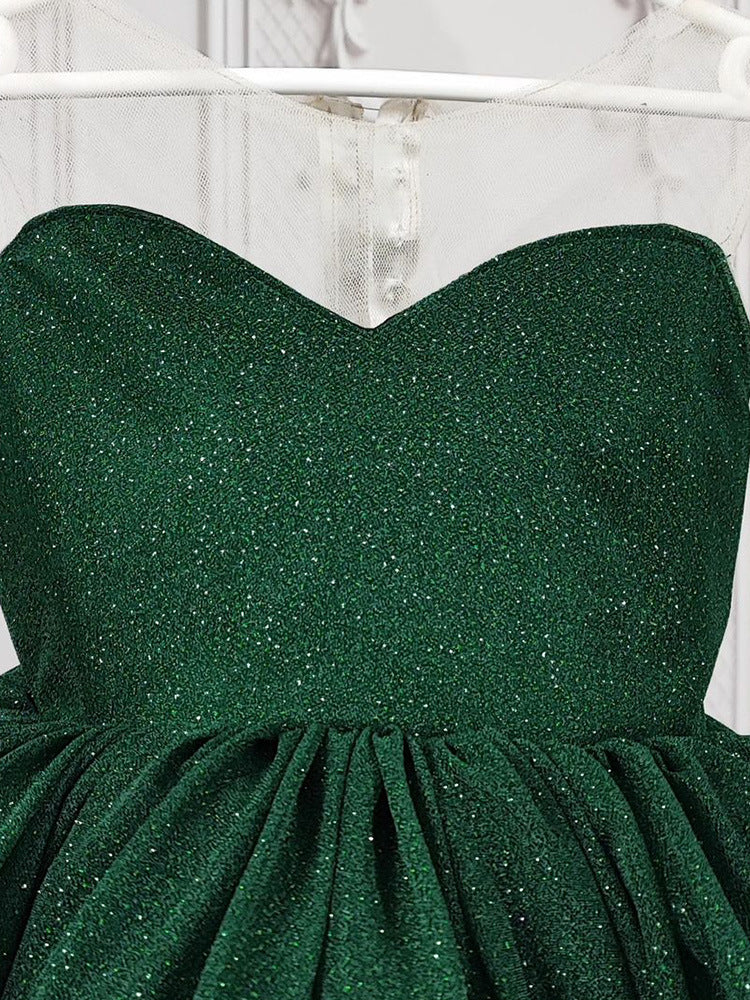 Emerald Green glitter tulle girls princess dress with sweetheart bodice, sheer illusion back and puffy tutu skirt, designed for birthdays and holiday parties, view 3