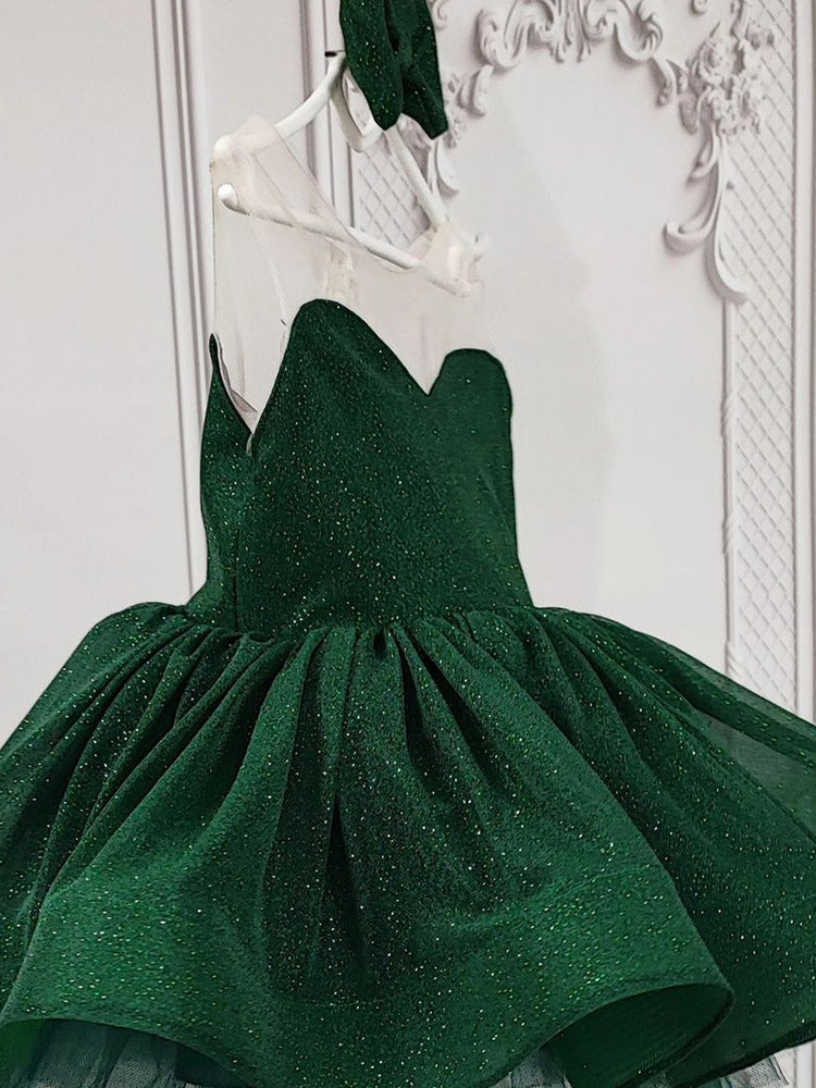 Emerald Green glitter tulle girls princess dress with sweetheart bodice, sheer illusion back and puffy tutu skirt, designed for birthdays and holiday parties, view 4