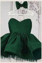 Emerald Green glitter tulle girls princess dress with sweetheart bodice, sheer illusion back and puffy tutu skirt, designed for birthdays and holiday parties, view 6