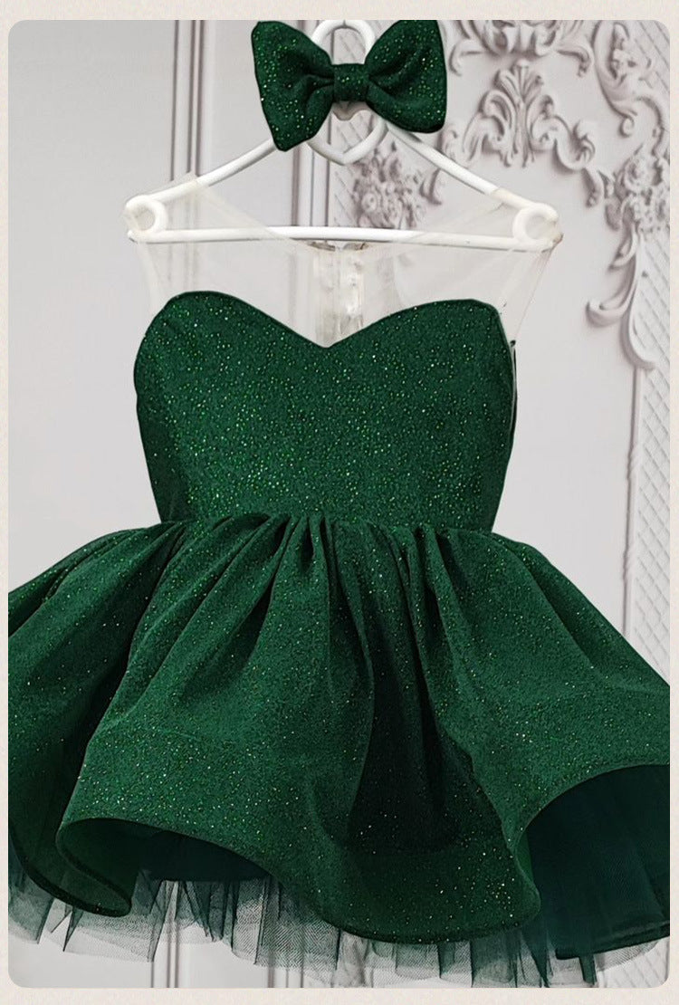 Emerald Green glitter tulle girls princess dress with sweetheart bodice, sheer illusion back and puffy tutu skirt, designed for birthdays and holiday parties, view 6
