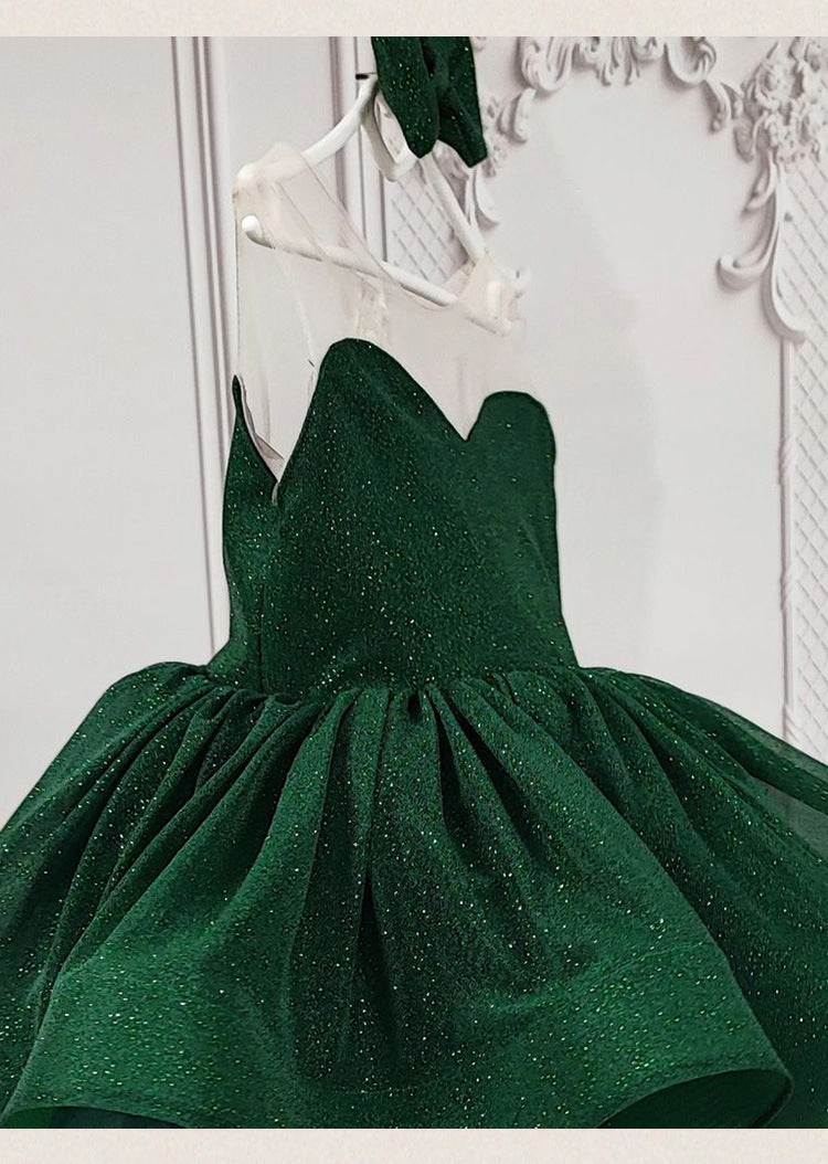 Emerald Green glitter tulle girls princess dress with sweetheart bodice, sheer illusion back and puffy tutu skirt, designed for birthdays and holiday parties, view 7
