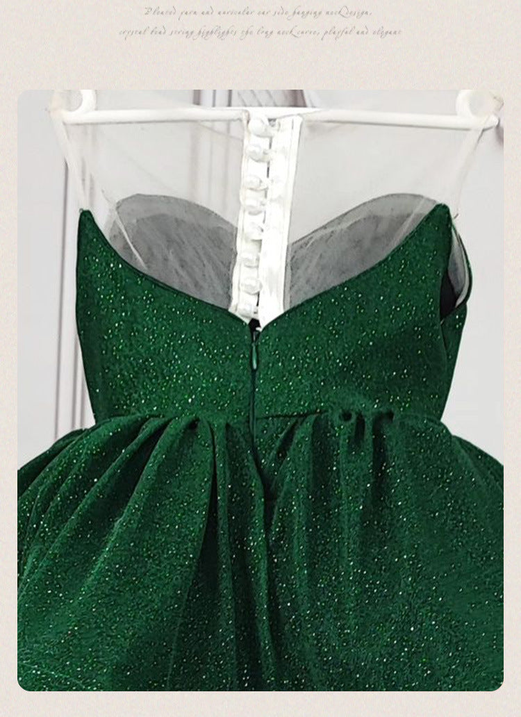 Emerald Green glitter tulle girls princess dress with sweetheart bodice, sheer illusion back and puffy tutu skirt, designed for birthdays and holiday parties, view 8