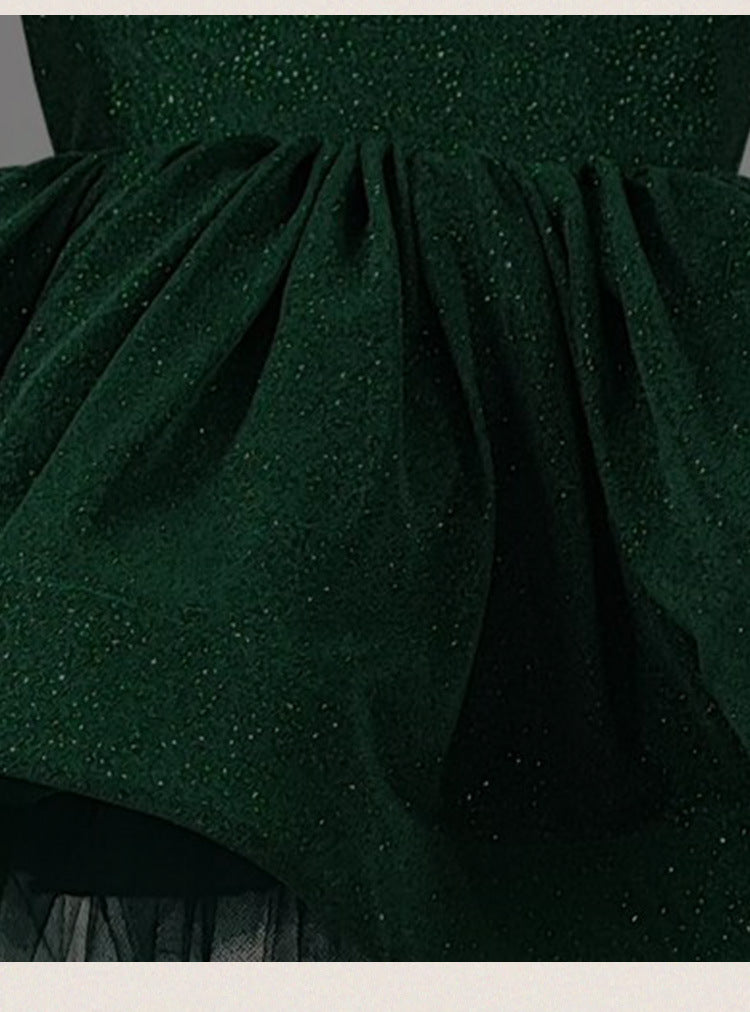 Emerald Green glitter tulle girls princess dress with sweetheart bodice, sheer illusion back and puffy tutu skirt, designed for birthdays and holiday parties, view 9