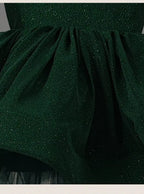 Emerald Green glitter tulle girls princess dress with sweetheart bodice, sheer illusion back and puffy tutu skirt, designed for birthdays and holiday parties, view 9