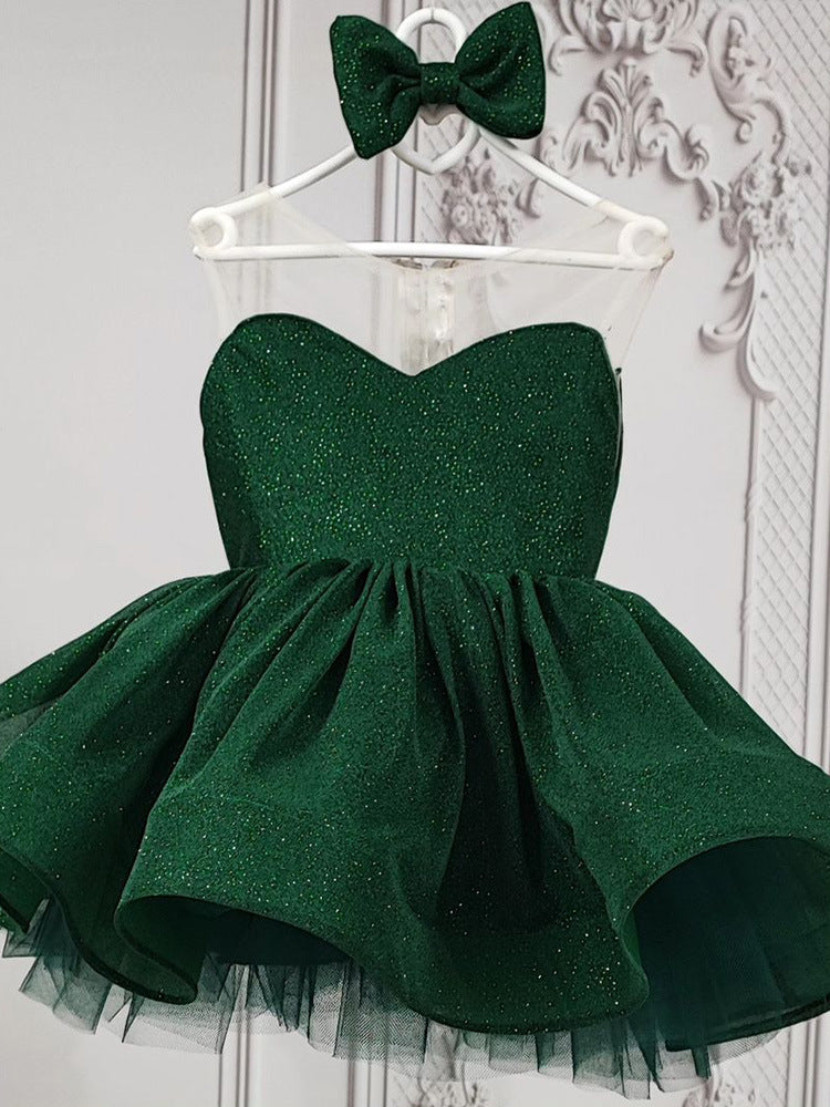 Emerald Green glitter tulle girls princess dress with sweetheart bodice, sheer illusion back and puffy tutu skirt, designed for birthdays and holiday parties.