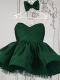 Emerald Green glitter tulle girls princess dress with sweetheart bodice, sheer illusion back and puffy tutu skirt, designed for birthdays and holiday parties.