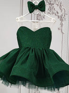 Emerald Green glitter tulle girls princess dress with sweetheart bodice, sheer illusion back and puffy tutu skirt, designed for birthdays and holiday parties.