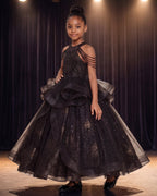 Fringe Halter Tulle Ball Gown in Black – lifestyle photo 1