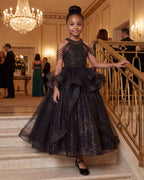 Fringe Halter Tulle Ball Gown in Black – lifestyle photo 2