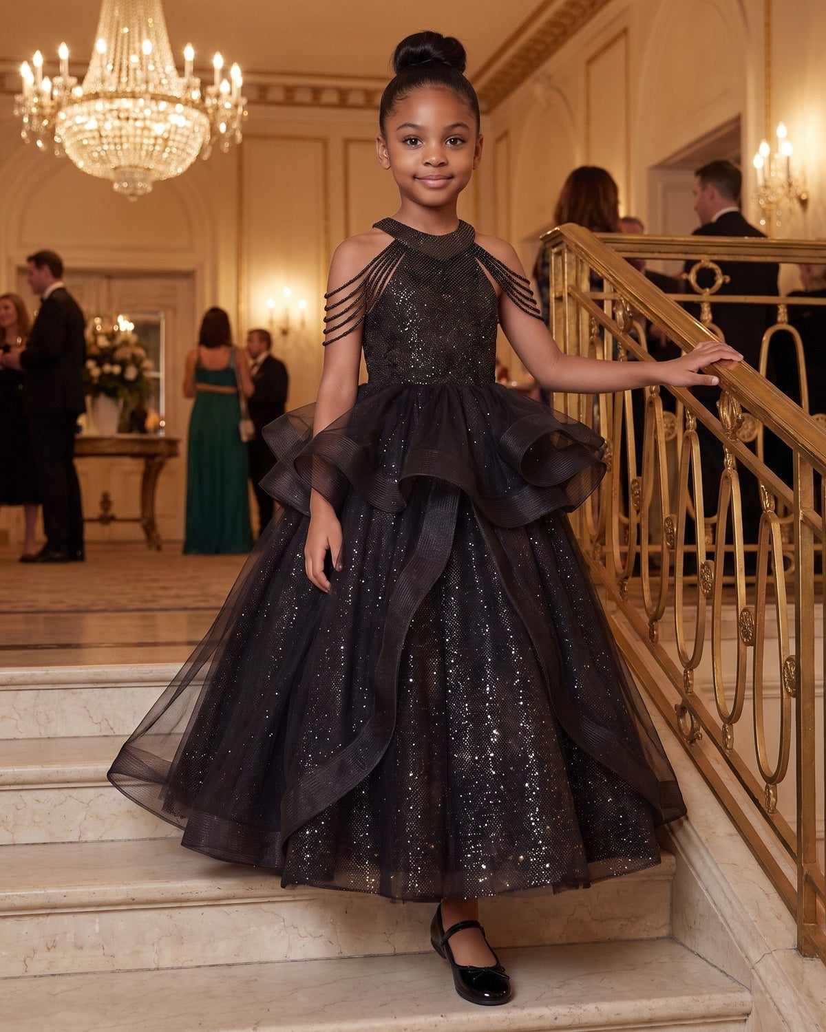 Fringe Halter Tulle Ball Gown in Black – lifestyle photo 2