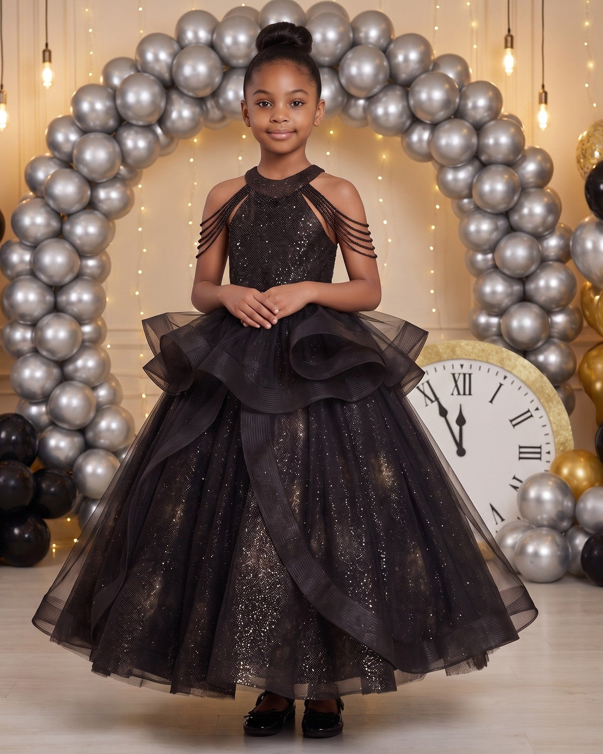 Fringe Halter Tulle Ball Gown in Black – lifestyle photo 3