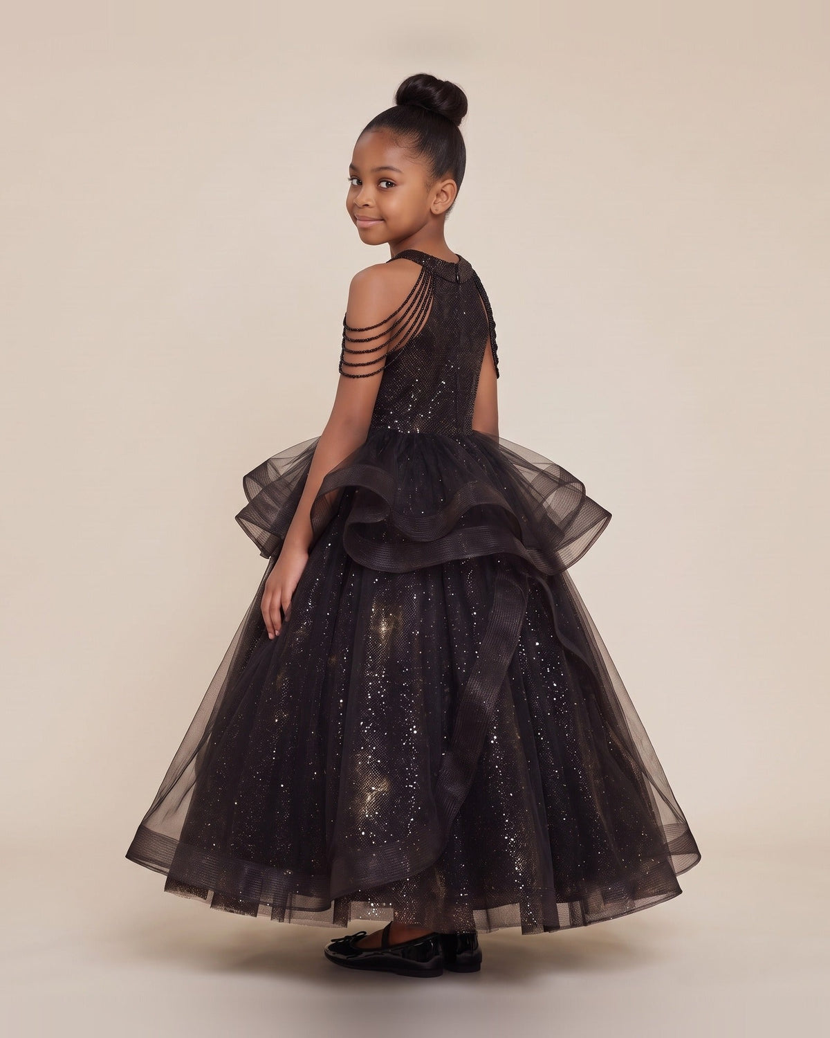 Fringe Halter Tulle Ball Gown in Black – back view